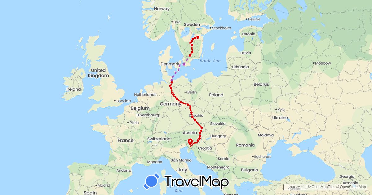 TravelMap itinerary: driving, train, cycling in Austria, Czech Republic, Germany, Sweden, Slovenia (Europe)